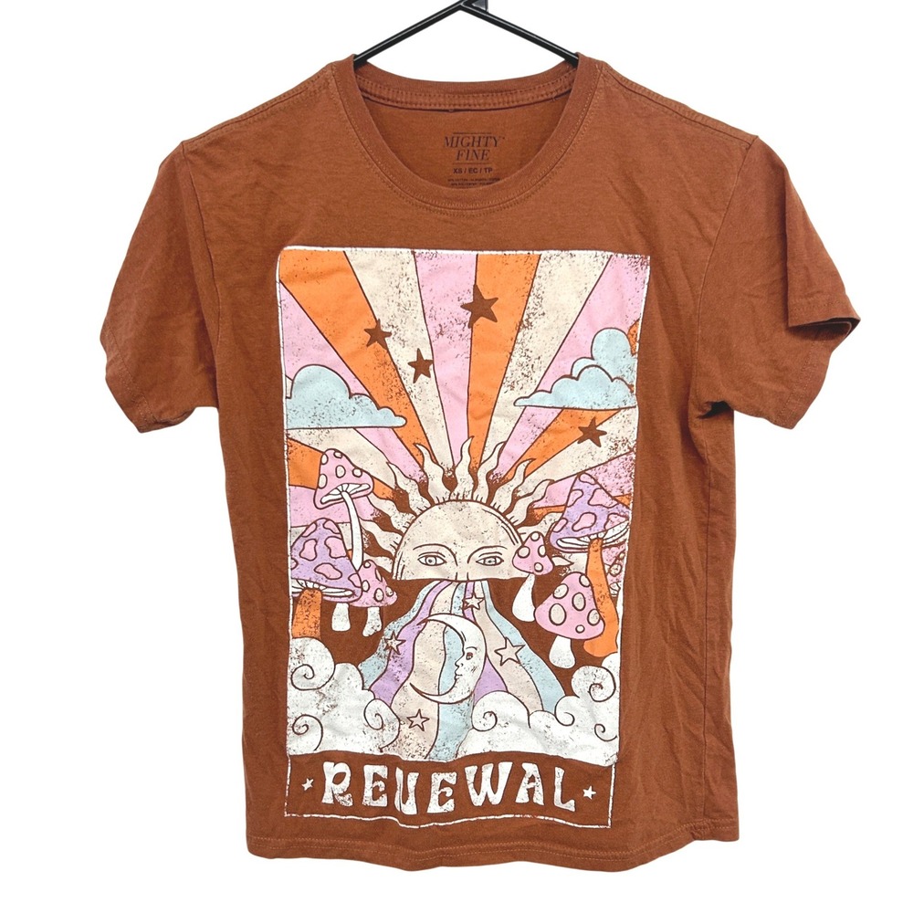 Celestial Boho Mushroom Graphic Tee XS Rust Orange Renewal Sun Moon Hippie Indie